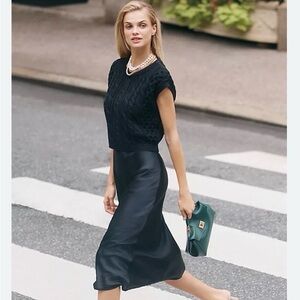 Anthropologie Twofer dress- Black Cable Knit Sweater over black satin dress